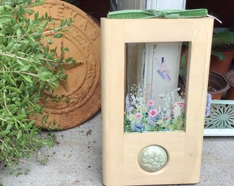 Bleached Wood Framed Butterfly: Stained Glass, Ceramic Medallion, Crushed Glass, Flower Decal from InHisGardenCreations*