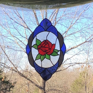Rose Stained Glass, Oval Rose Panel, Navy Blue and Grey Border, RED ROSE, Window Treatment, from In His Garden Creations*