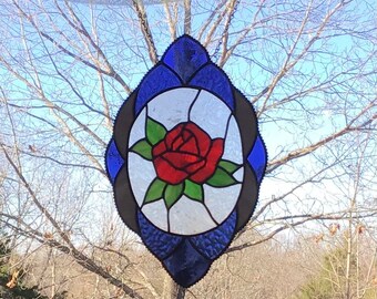 Red Rose Stained Glass Window Hanging: Navy & Grey Border from In His Garden Creations*