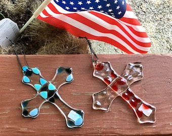 Fused Glass Cross Ornament: Triangle Shapes, Stained Glass