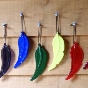Puede incluir: Siete adornos de plumas de vidrio colgando de ganchos en una pared de madera. Las plumas son de varios colores, incluyendo azul, verde, amarillo, negro y rojo.
