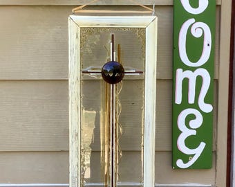 Stained Glass Cross: Golden Amber Beveled Jewel, Antique Cream Frame