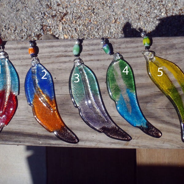 Janet CUSTOM Order of 6 Fused Glass Feathers, Christmas Ornament, Rear View Mirror Hanging, Make your own Mobile, *