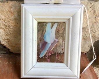 WHITE Chunky Framed Stained GLASS BUTTERFLY: rare Bullseye Pink Streamers and frit from InHisGardenCreations*
