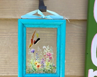 Stained Glass Butterfly:Orange White Butterfly Seaside Blue Frame from InHisGardenCreations*