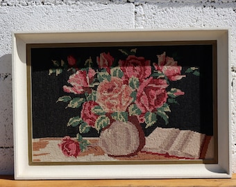 French Vintage framed Embroidery Picture-Still Life of Roses -70s