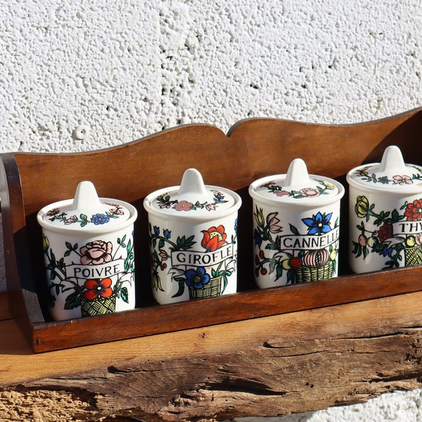 Support à épices vintage Français avec bocaux - Support à épices de cuisine en bois avec pots en porcelaine - Décoration d'intérieur de style campagnard - Années 60