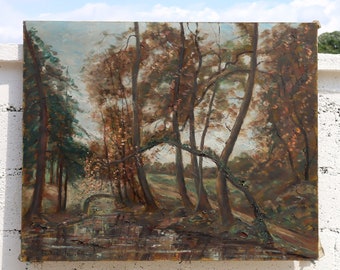 French Vintage large Oil Painting on Canvas- Autumn Scene-River Valley in the Woods-signet C.Fondanéche-60s