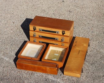 Vintage Set of 5 Wooden Boxes with handle + 2 Boxes with Glass cover -France  60s
