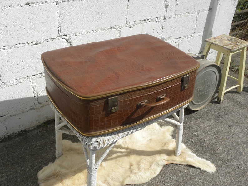 Big French Vintage Travel Suitcase Leatherette Croco Design 50s