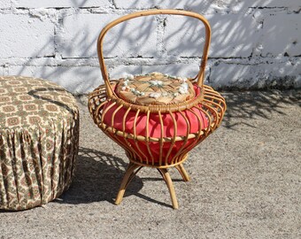 French Vintage Mid-Century Sewing Basket Set- Craft Basket-Handbasket Set-Wicker Bamboo Basket Set-60s