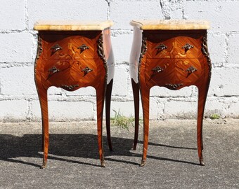 Pair of 2 French Vintage Rosewood Maquetery Nightstands-Set of 2 Marbe & Wood Bedside Tables-Style Louis XV-50s