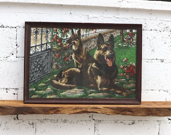 HOT SUMMER SALE - French Mid Century Textilprint framed - 2 German Shepherds in the Front Yard- 50s