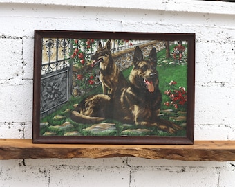 French Mid Century Textilprint framed - 2 German Shepherds in the Front Yard- 50s