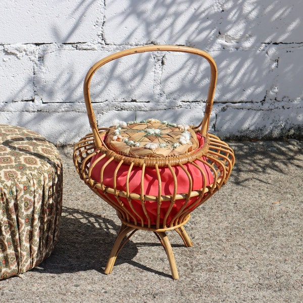 French Vintage Mid-Century Sewing Basket Set- Craft Basket-Handbasket Set-Wicker Bamboo Basket Set-60s
