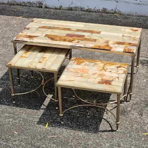 HOT SUMMER SALE - Vintage Set of 1 Onyx Marble Coffee Table and 2 Side Tables - Regency Style - 70s