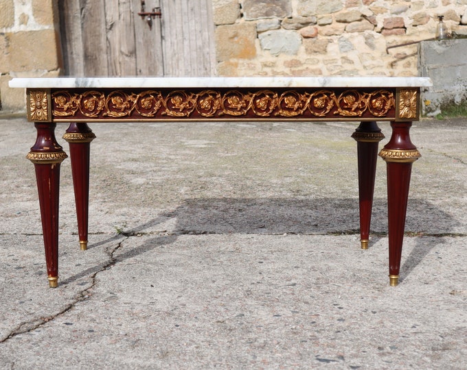 French Vintage Rectangular Marble & Wood Coffee Table Vintage Lounge Tablecocktail Tablestyle