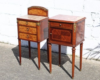 Pair of 2 French Antique Marble and Mahogany Marquetry Nightstands-Set of 2 Marble & Wood Bedside Tables-Style Louis XVI-20s