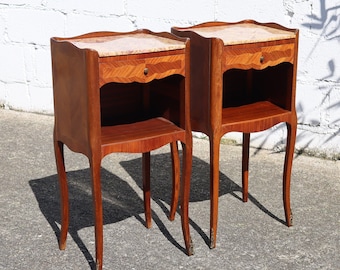 Pair of French Antique Rosewood Marquetry Nightstands-Set of 2 Marble & Wood Bedside Tables-Style Louis XV-20s