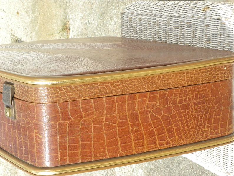 Big French Vintage Travel Suitcase Leatherette Croco Design 50s