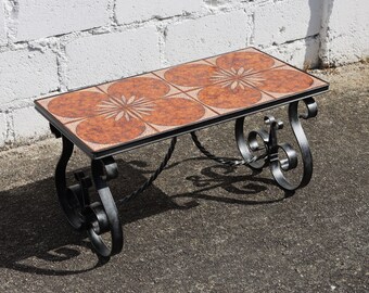 Vintage Wrought Iron and Ceramic Coffee Table - Cocktail Table - Patio Table-60s