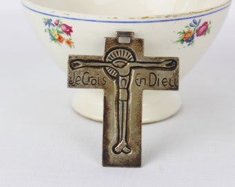French Vintage Crucifix -  - Cross metal - Inscription :Je crois en Dieu - 50s