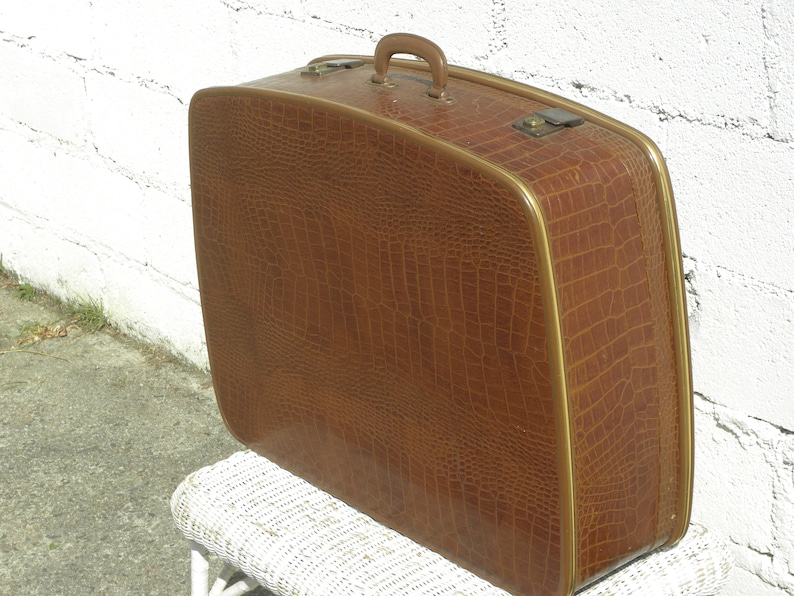 Big French Vintage Travel Suitcase Leatherette Croco Design 50s