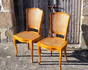 Set of 2 French Vintage Cane Dining Chairs-Cottage Chairs-Style Louis XV - 80s