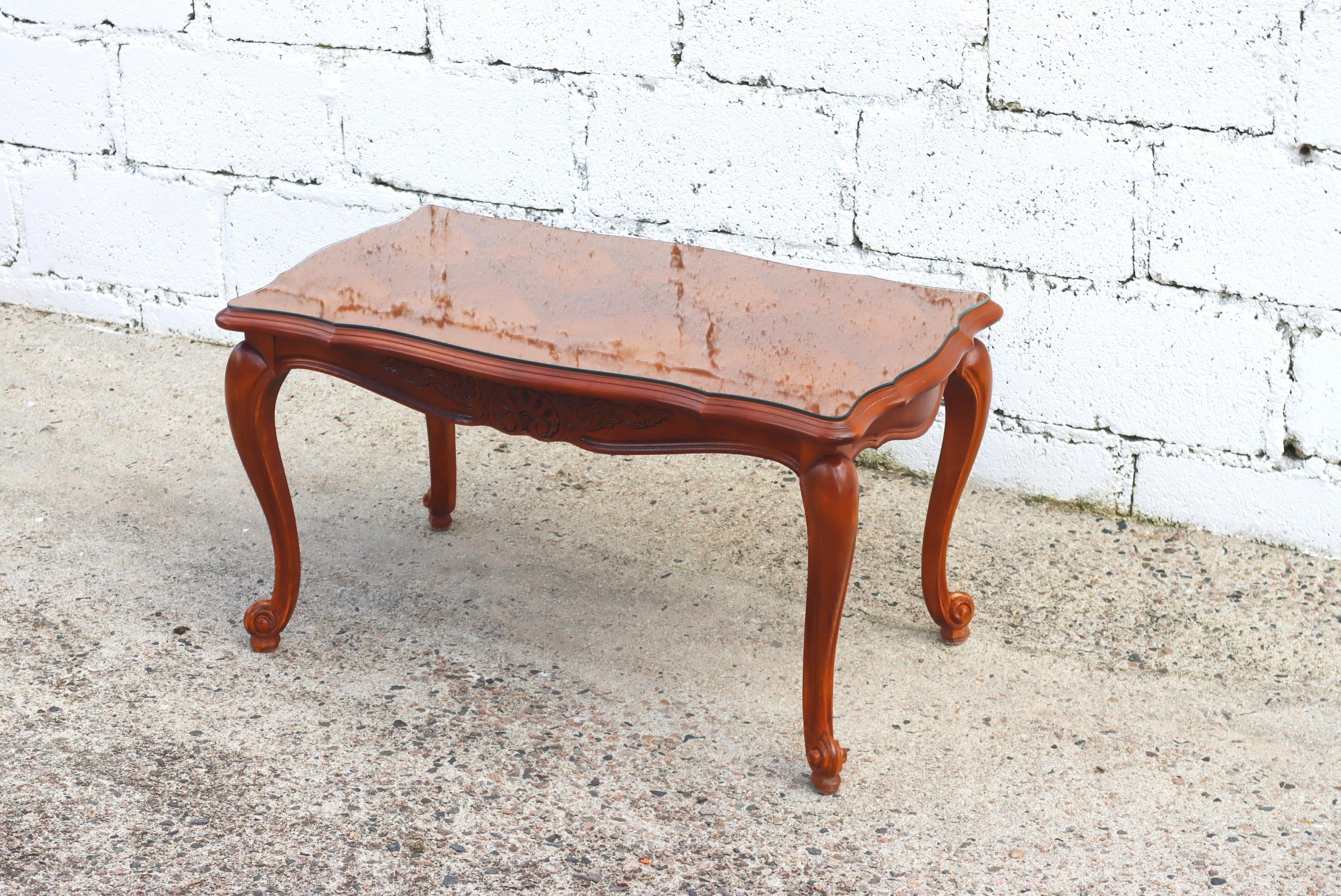 Français Vintage Table Basse en Bois-Housse en Verre-Parquetry-style Louis Xv-70S