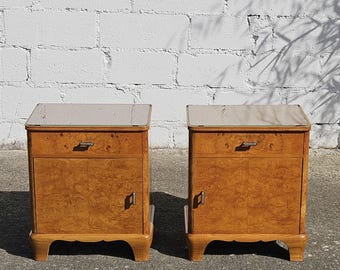 Par de 2 mesitas de noche antiguas francesas estilo art déco - Juego de 2 mesitas de noche de madera veteada y cristal - Años 40