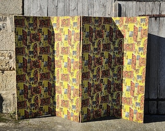 Mid-Century French Atomic Room Divider – Retro Fabric Folding Screen, 60s