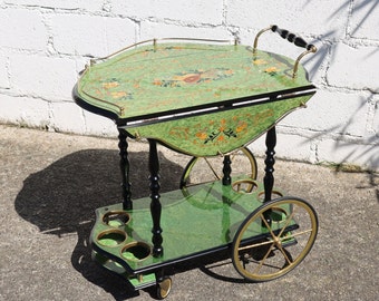 Italian Marquetry Two Tier Drop Leaf Bar Cart-Vintage Italian green Dessert-Bar Trolley-70s