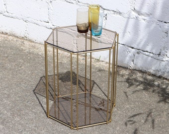 HOT SUMMER SALE - French Vintage smoked Glass & Brass hexagonal Console -Two Tier Lounge Glass Bar-End Table - Regency Style -70s