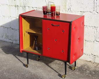 Mid-Century Upholstered BarTrolley - Red Skai Leather Bar Cabinet-Chesterfield Style -50s