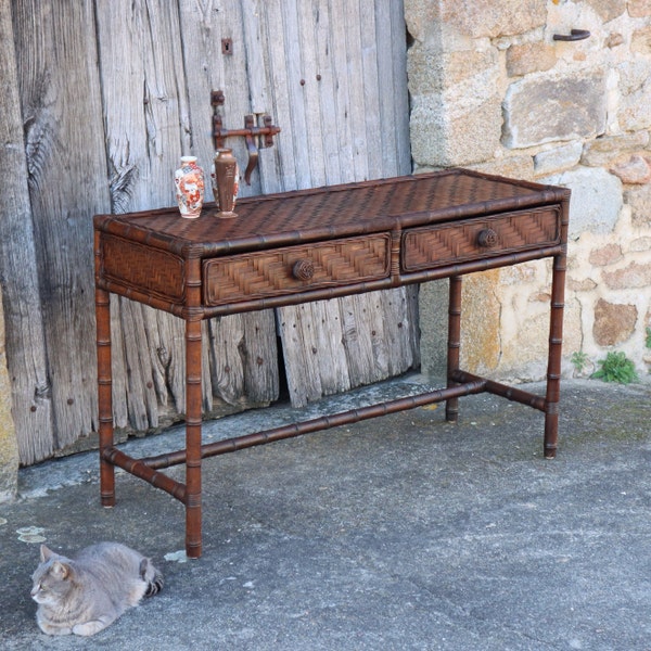 Französisches Vintage Buffet-Konsolen-Sideboard aus Bambusimitat in Tortoise Optik aus den 70er Jahren