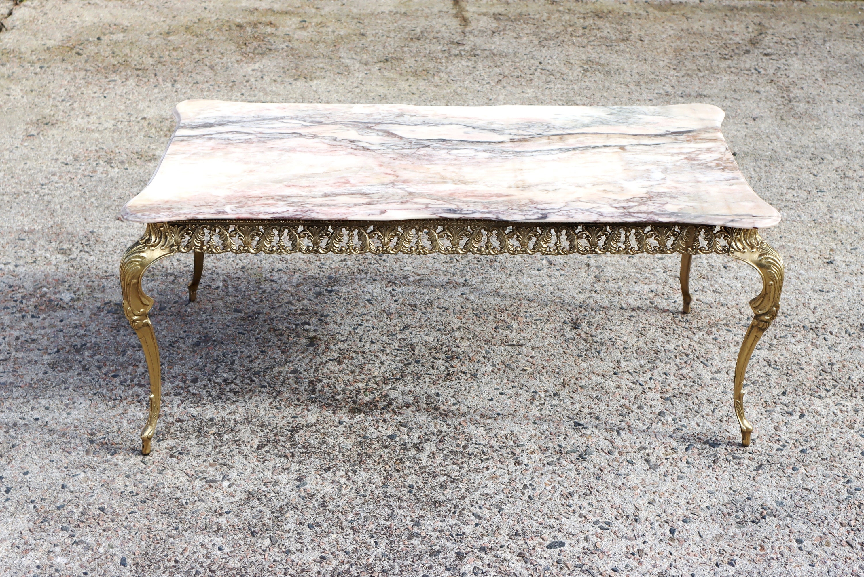 Français Vintage Marble Brass Coffe Table Style Louis Xv-Vintage Salon Table-Lounge Table-70S