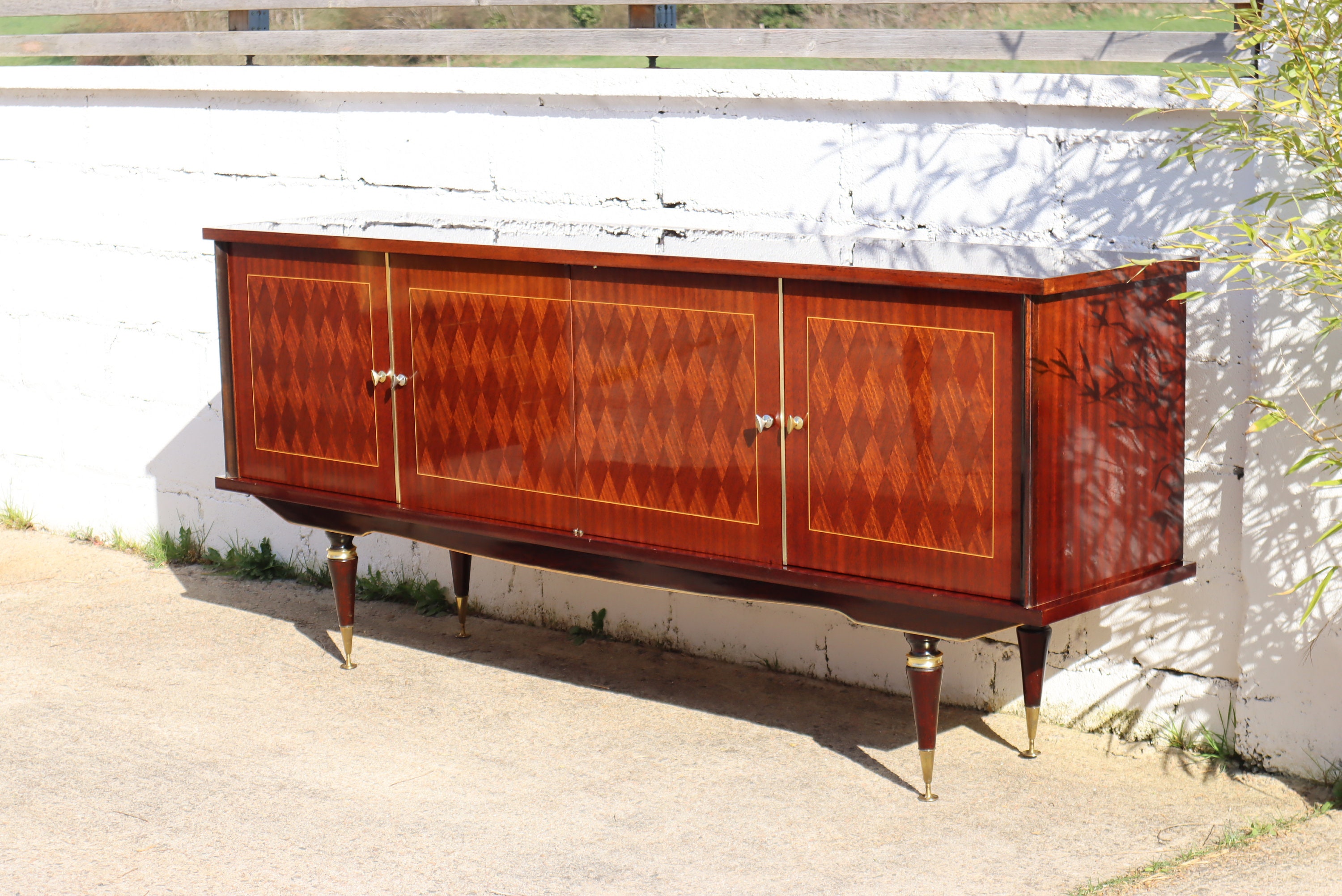 Français Midcentury Sideboard - Buffet Vintage avec Marqueterie d'acajou-Hoolywood Regency-60S