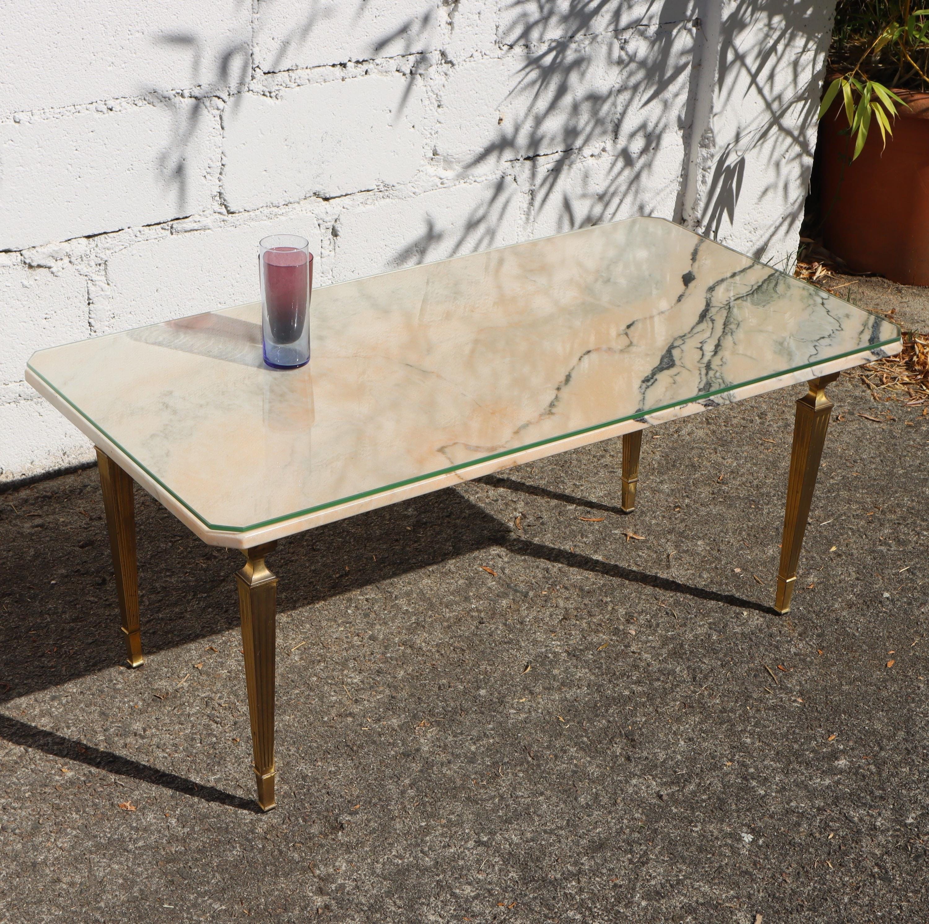 HOT SUMMER SALE - French Vintage Marble and Brass Coffee Table-Glass Cover-Cocktail Table-Lounge Table- Regency Style-70s