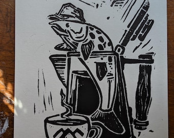 Fellas, Don't Drink That Coffee! Fish in the Percolator, twin peaks, David lynch, linocut, twin peaks art, percolator