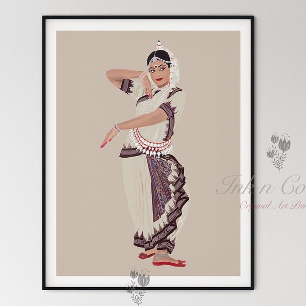 Indian Odissi Dancer wall art, Indian Dance art,Wall Decor,Desi Art Print,Drawing,costume,Saree,Digital Illustration,Classical dance, Odisha