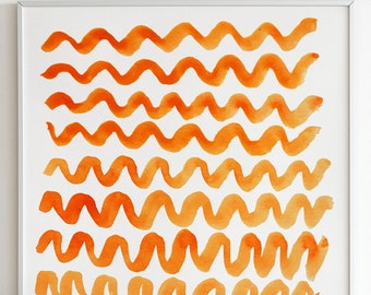 Minimalistische abstrakte Linien Kunst, Streifen, Kunstdruck, Gekritzellinie Wandkunst, Pinselstrich, handgemalt, orange Aquarell, modernes Wanddekor