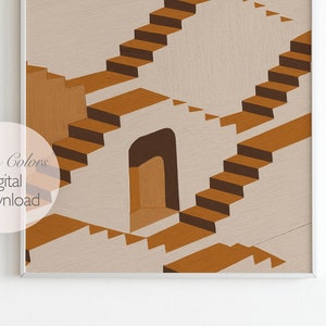 May include: Abstract geometric art print featuring a beige background with overlapping brown stairs and doorways. The print has a modern minimalist style.