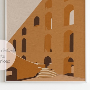 May include: A digital illustration of a building with a series of arches and a beige and brown color scheme.