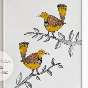 May include: A digital download print featuring two yellow and brown birds with black outlines perched on branches with gray leaves. The text "Ink n Colors Digital Download" is in the lower left corner.