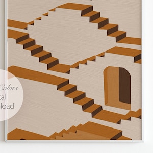 May include: A digital print of an abstract geometric design featuring a series of brown stairs and doorways against a beige background.