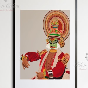 Kathakali Face painting, Indian Dance art,Wall Decor,Desi Art Print,Drawing,Retro Poster,Digital Illustration, Classical dance, Kerela
