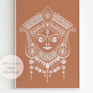 Goddess Kali - Folk Art  | Durga Pooja | Terracotta | India Prints| Burnt Orange | Printable Art Wall Decor| line drawing| Instant | Drawing
