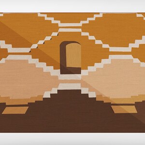 May include: A digital illustration of a geometric pattern in shades of brown, orange, and white. The pattern resembles a series of arches leading to a doorway.