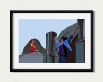 May include: A man in a blue shirt and jeans reaches up to a chain attached to a large, ornate pillar. A woman in a red dress dances on a rock in the background.