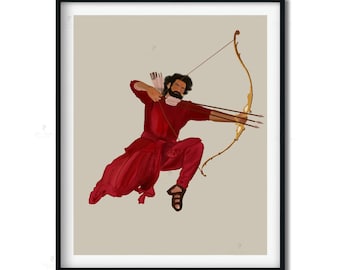 May include: A digital illustration of a man in a red outfit, jumping and drawing a bow and arrow. The background is a light beige color.
